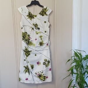 Skunkfunk White Dress W/Green & Purple Floral Design. Cotton, Multiple zippers